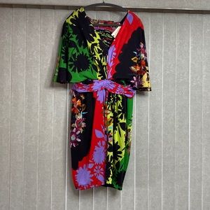 ANTHROPOLOGY VERY INTERESTING SILKY  MATERIAL DRESS SiZE LARGE , BRIGHT COLORS